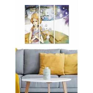 Canvastavla i trä 3-delar 50x70 cm - Porträtt av en kvinna med blommor i händerna och svävande cirklar omkring sig - Inredning & dekor Endast denna vecka
