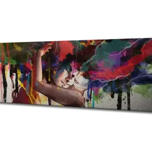 Canvastavla 80x30 cm - Passionerad omfamning med färgglada explosioner av färg runtomkring Röd / Grön / Blå - Inredning Lägg i varukorgen