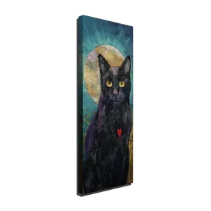 Billig Canvastavla 30x80 cm - Svart katt med gult hjärta och en gyllene halvmåne i bakgrunden Svart / Gult / Turkost - Inredning