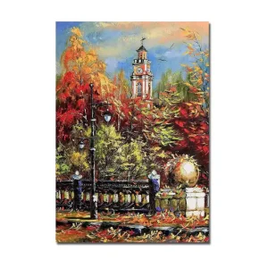 Canvastavla 70x100 cm - Livlig höstscen med en klocktorn i bakgrunden omgiven av färgglada träd och lampor - Inredning & dekor Begränsat erbjudande
