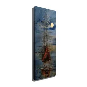 Canvastavla 30x80 cm - Segelbåt på en spegelblanka sjö under en fullmåne Mörkblå / Orange / Vit - Inredning Billigare