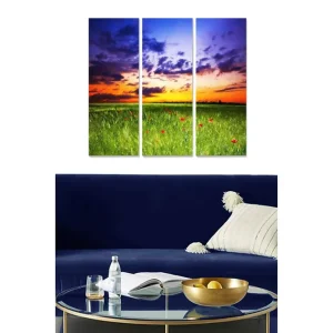 Canvastavla i trä 3-delar 50x70 cm - Vacker solnedgång över en grön äng med röda blommor - Inredning & dekor Reapris