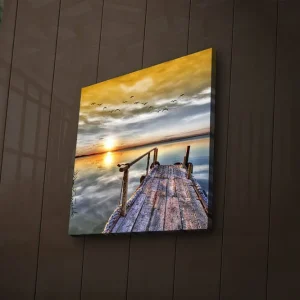 Canvastavla med LED-belysning 28x28 cm - Solnedgång över en stilla sjö med en träbrygga i förgrunden Guld / Blå / Grå - Inredning Endast denna vecka