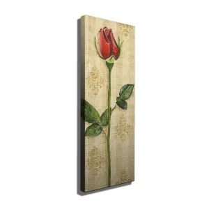 Canvastavla 30x80 cm - Röd ros med gröna blad på en ljus bakgrund Röd / Grön / Beige - Inredning Begränsad tid