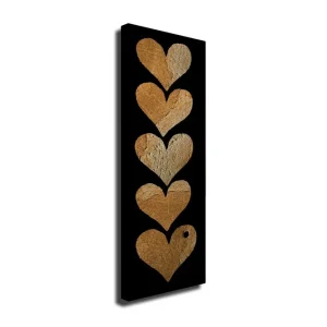 Canvastavla 30x80 cm - Fem hjärtan i olika nyanser av guld mot en svart bakgrund Guld / Svart - Inredning Säker betalning