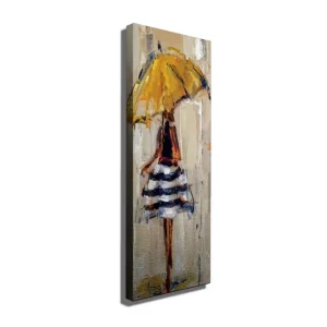 Canvastavla 30x80 cm - Kvinna med gul paraply och randig klänning Gul / Svart / Vit - Inredning Populär