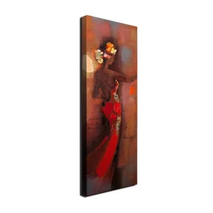 Canvastavla 30x80 cm - Elegant kvinna i röd klänning med blommor i håret Röd / Brun / Beige - Inredning Begränsat erbjudande