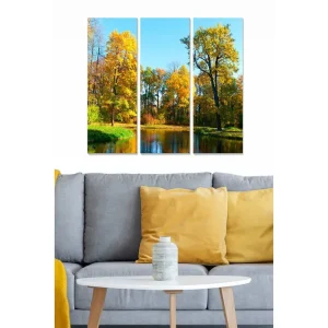 Canvastavla i trä 3-delar 50x70 cm - Vacker höstlandskap med färgglada träd vid en spegelblanka sjö - Inredning & dekor Fynd