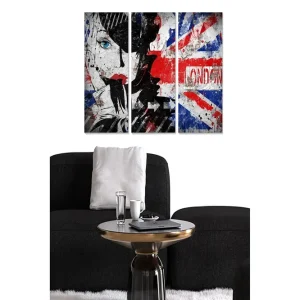 Canvastavla i trä 3-delar 50x70 cm - Porträtt av en kvinna med blå ögon och en grafisk bakgrund inspirerad av den brittiska flaggan - Inredning & dekor Reapris