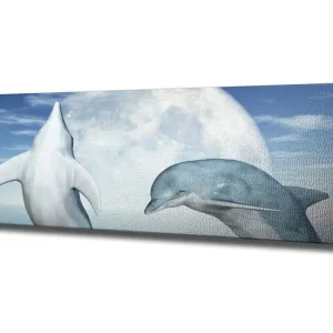 Canvastavla 80x30 cm - Dykande delfiner under en fullmåne Blå / Vit / Grå - Inredning Nyhet