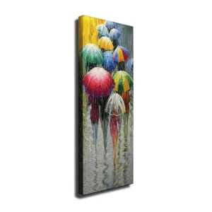 Canvastavla 30x80 cm - Färgglada paraplyer i regnigt landskap Röd / Grön / Blå - Inredning Expressleverans