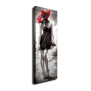Bästa pris Canvastavla 30x80 cm - Elegant kvinna i svart klänning med röd hatt Röd / Svart / Grå - Inredning