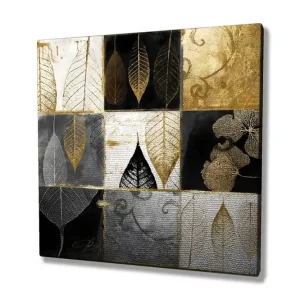 Canvastavla 45x45 cm - Abstrakt komposition med bladmotiv i olika nyanser Guld / Svart / Grå - Inredning Populärt val
