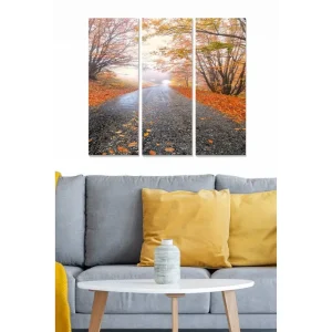 Canvastavla i trä 3-delar 50x70 cm - Vacker höstlandskap med en väg omgiven av färgglada lövträd - Inredning & dekor Expressleverans