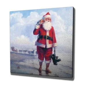 Endast idag Canvastavla 45x45 cm - Glad tomte vid havet med stövlar i handen Röd / Vit / Blå - Inredning