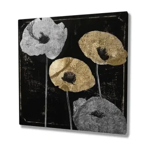 Begränsat antal Canvastavla 45x45 cm - Stiliserade blommor i silver och guld mot en svart bakgrund Silver / Guld / Svart - Inredning