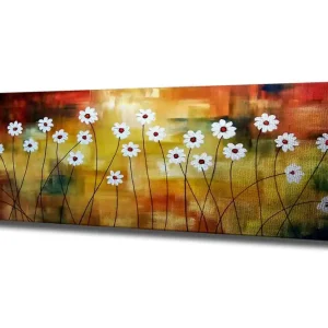 Handla nu Canvastavla 80x30 cm - Blomsteräng med vita blommor och röda mittar på en färgglad bakgrund Vit / Röd / Orange - Inredning