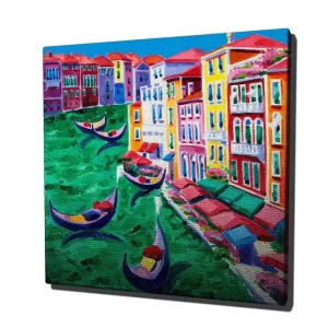 Billigare Canvastavla 45x45 cm - Färgglad vy av en kanal med gondoler och färgglada byggnader Grön / Röd / Blå - Inredning
