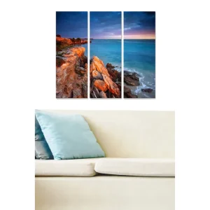 Canvastavla i trä 3-delar 50x70 cm - Klippig kustlinje vid havet i skymning - Inredning & dekor Nyhet