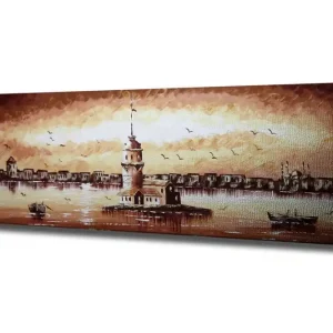 Bästa pris Canvastavla 80x30 cm - Vacker fyr på en ö med en solnedgång i bakgrunden Beige / Brunt / Vitt - Inredning