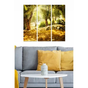 Canvastavla i trä 3-delar 50x70 cm - Solbelyst landskap med olivträd och stenmur - Inredning & dekor Fynd