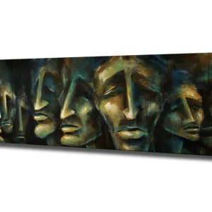 Canvastavla 80x30 cm - Abstrakt komposition av ansikten med uttrycksfulla drag Mörkblå / Grön / Beige - Inredning Erbjudande