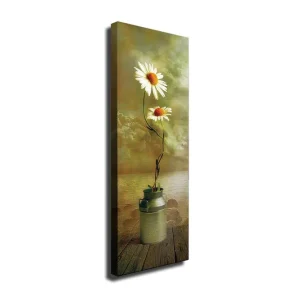 Canvastavla 30x80 cm - Två prästkragar i en mjölkkruka Vit / Grön / Beige - Inredning Premium