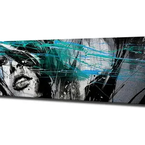 Canvastavla 80x30 cm - Porträtt av en kvinna med abstrakta färgstråk Svart / Turkos / Vit - Inredning Sista chansen