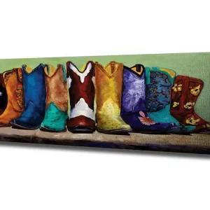 Canvastavla 80x30 cm - Färgglada cowboyboots i rad Blå / Röd / Gul - Inredning Köp online