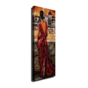 Canvastavla 30x80 cm - Kvinna i röd klänning som blickar ut över en stad vid solnedgången Röd / Orange / Beige - Inredning Erbjudande