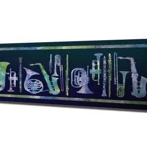 Canvastavla 80x30 cm - Komposition av olika blåsinstrument i abstrakt stil Mörkblå / Ljusgrön / Vit - Inredning Reapris