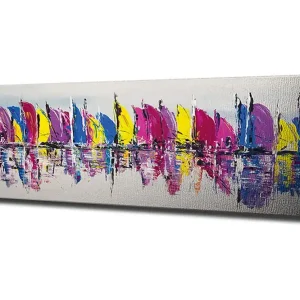 Canvastavla 80x30 cm - Färgglada segelbåtar i en rad på vattnet Rosa / Gul / Blå - Inredning Billig