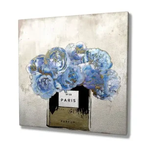 Canvastavla 45x45 cm - Blå rosor i en parfymflaska Blå / Svart / Guld - Inredning risnedsättning