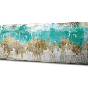 Billig Canvastavla 80x30 cm - Abstrakt landskap med turkosa och gyllene inslag Turkos / Guld / Beige - Inredning