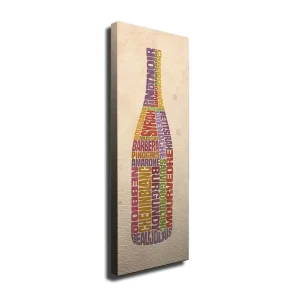 Canvastavla 30x80 cm - Flaska formad av ord relaterade till vin Lila / Röd / Gul - Inredning Lågt pris