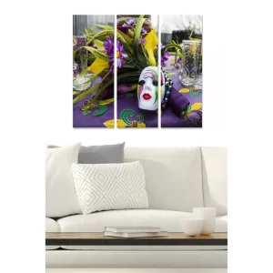 Canvastavla i trä 3-delar 50x70 cm - Färgglad festlig dukning med en mask och blommor - Inredning & dekor Bästa pris