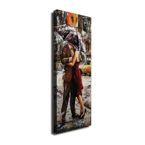 Canvastavla 30x80 cm - Romantisk dans under ett paraply i regnet Röd / Brun / Grå - Inredning Utförsäljning