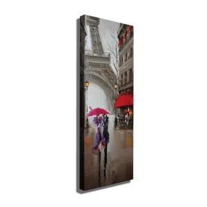 Canvastavla 30x80 cm - Pariserbilar under regn med färgglada paraplyer Röd / Lila / Grå - Inredning Utförsäljning