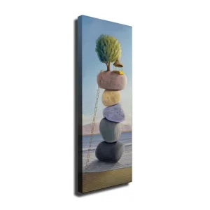Canvastavla 30x80 cm - Staplade stenar med ett hus och träd på toppen Grön / Beige / Blå - Inredning Populär