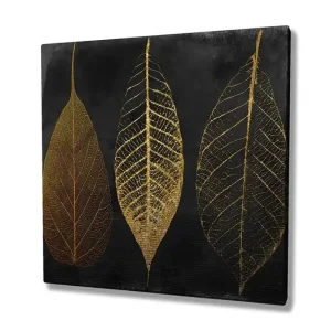 Canvastavla 45x45 cm - Tre stiliserade löv i guld mot en svart bakgrund Guld / Svart - Inredning Utförsäljning