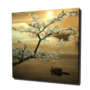 Beställ nu Canvastavla 45x45 cm - Blommande körsbärsträd vid solnedgången Vit / Guld / Grön - Inredning
