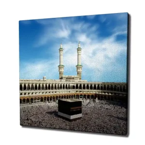 I lager Canvastavla 45x45 cm - Storslagen vy av den heliga Kaaba omgiven av pilgrimer i Mecka Svart / Vit / Beige - Inredning