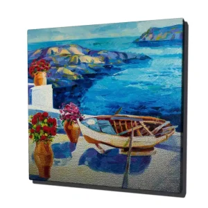 Canvastavla 45x45 cm - Vacker kustlandskap med en båt vid havet Blå / Vit / Röd - Inredning Lägg i varukorgen