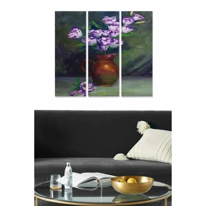 Canvastavla i trä 3-delar 50x70 cm - Vacker bukett av lila blommor i en keramikvas - Inredning & dekor Erbjudandepris