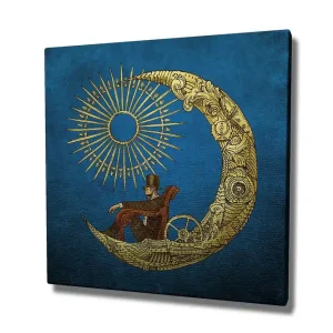 Canvastavla 45x45 cm - Man som sitter på en måne med solstrålar i bakgrunden Blå / Guld - Inredning Trygg betalning