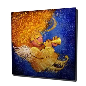 Endast idag Canvastavla 45x45 cm - Spelande ängel med gyllene lockar och trumpet Guld / Blå / Rosa - Inredning