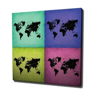 Canvastavla 45x45 cm - Världskarta i fyra färgstarka sektioner Turkos / Lila / Grön - Inredning Reapris
