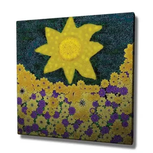 risnedsättning Canvastavla 45x45 cm - Solig blomsteräng med färgglada blommor Gul / Lila / Grön - Inredning