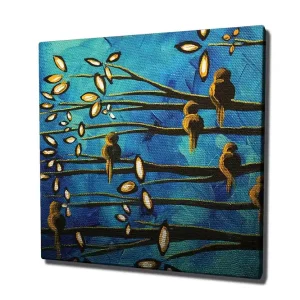 Canvastavla 45x45 cm - Fåglar på grenar mot en blå bakgrund Blå / Brun / Vit - Inredning Rabatt