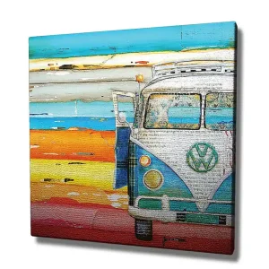 Sänkt pris Canvastavla 45x45 cm - Vintage Volkswagen-buss i en färgglad strandmiljö Blå / Orange / Vit - Inredning